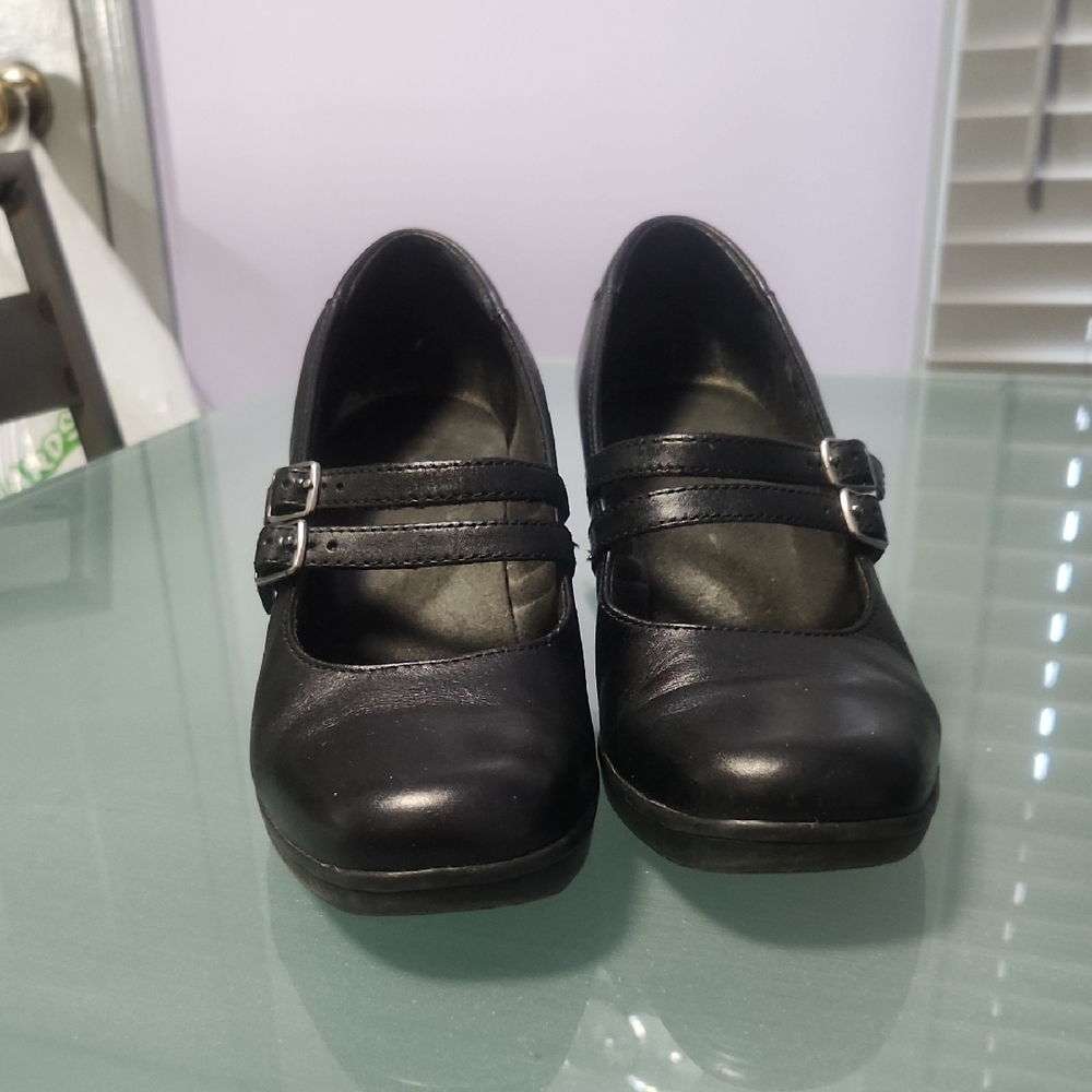 Black Leather Heels with Mary Jane Strap